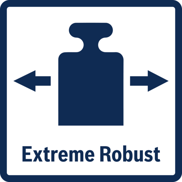 Blaues Schild mit schwarzer Form und den Worten 'Extreme Robust'. Das Schild ist quadratisch.