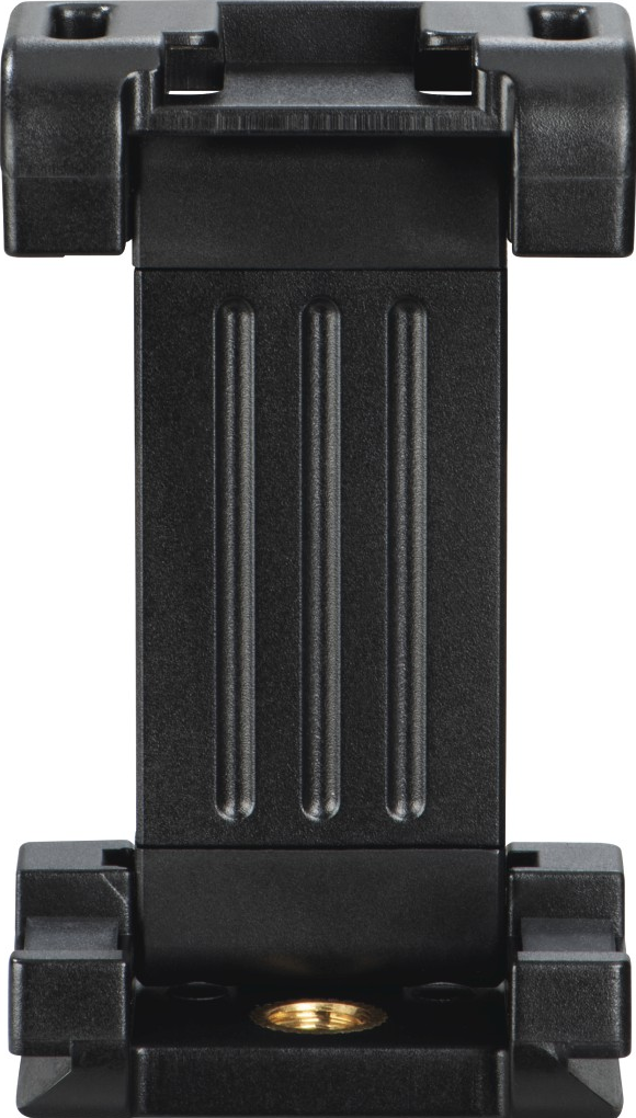 Support de téléphone noir. Il a une pince pour tenir le téléphone. Le support est en plastique.