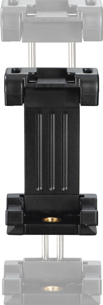 Support de téléphone noir pour trépied. Il a une poignée noire et deux barres argentées.