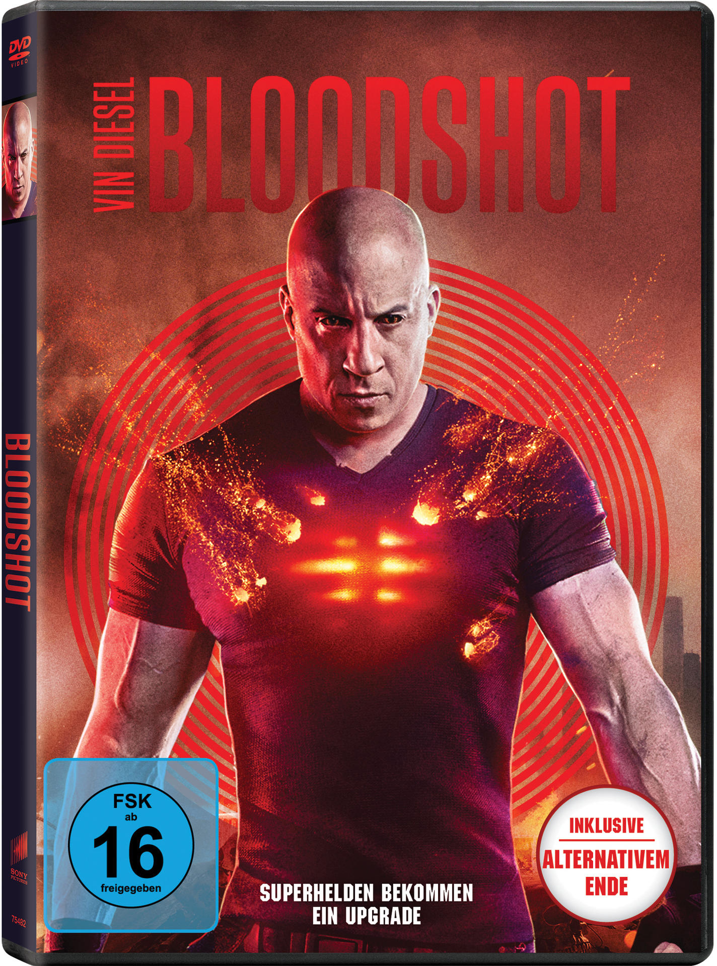 DVD-Cover von Bloodshot mit Vin Diesel. Rotes und schwarzes Design, Vin in der Mitte.