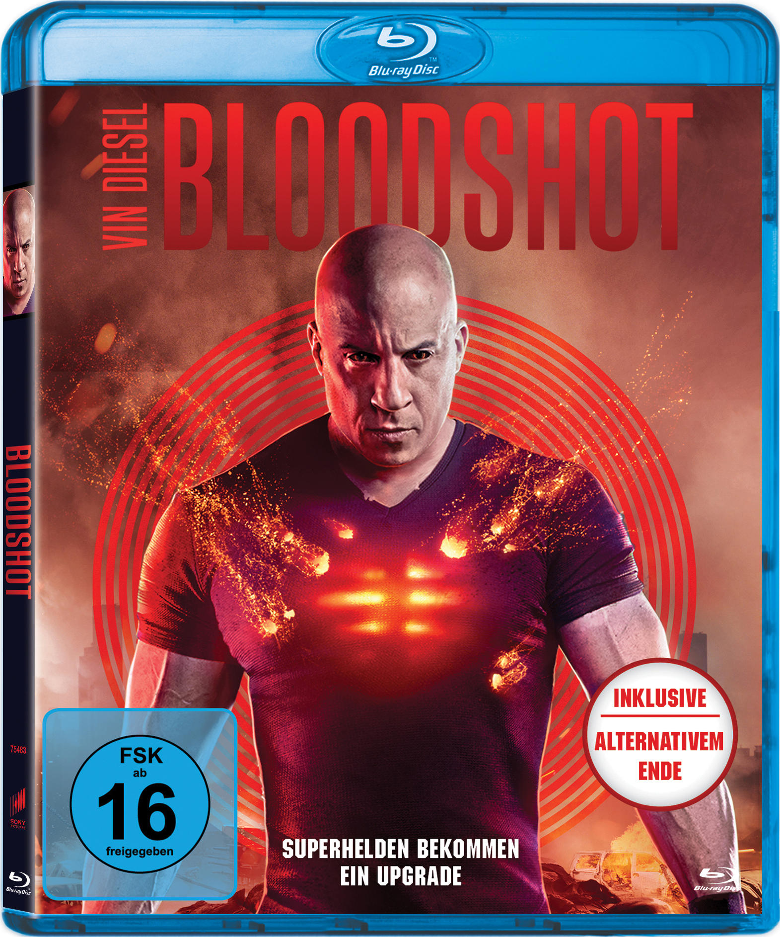 Vin Diesel auf dem Bloodshot Blu-ray Cover. Rote und orange Töne dominieren, mit einem feurigen Hintergrund. Der Titel ist rot.