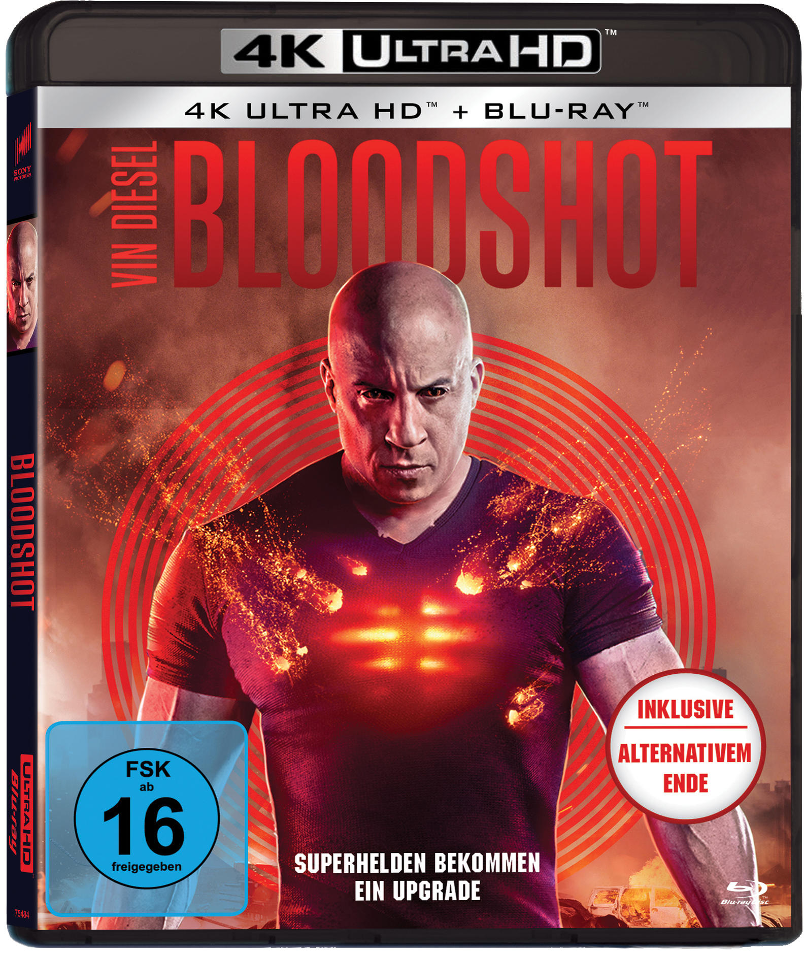 Bloodshot DVD-Cover mit Vin Diesel. Bild zeigt Diesels Gesicht mit roten Lichteffekten und Text.
