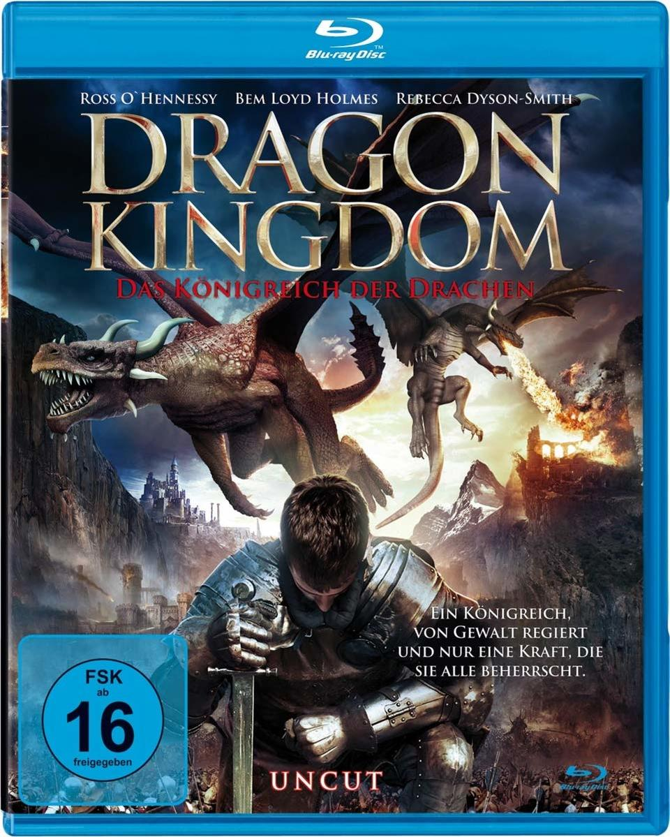 Blu-ray-Cover von Dragon Kingdom. Ein Mann in Rüstung kniet vor Drachen und einer Burg.
