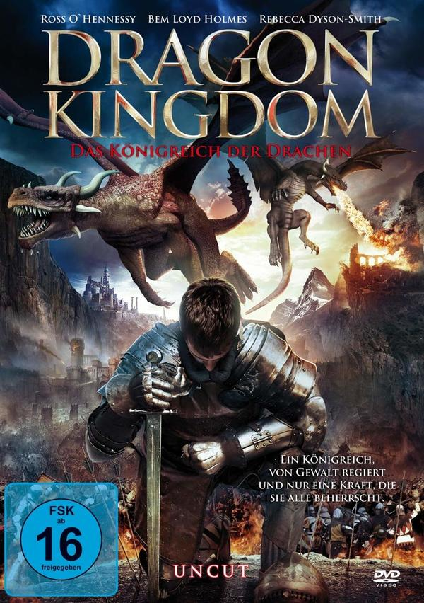 DVD-Cover: 'Dragon Kingdom'-Filmplakat mit Drachen und einem Ritter. Dramatische Fantasy-Kulisse.