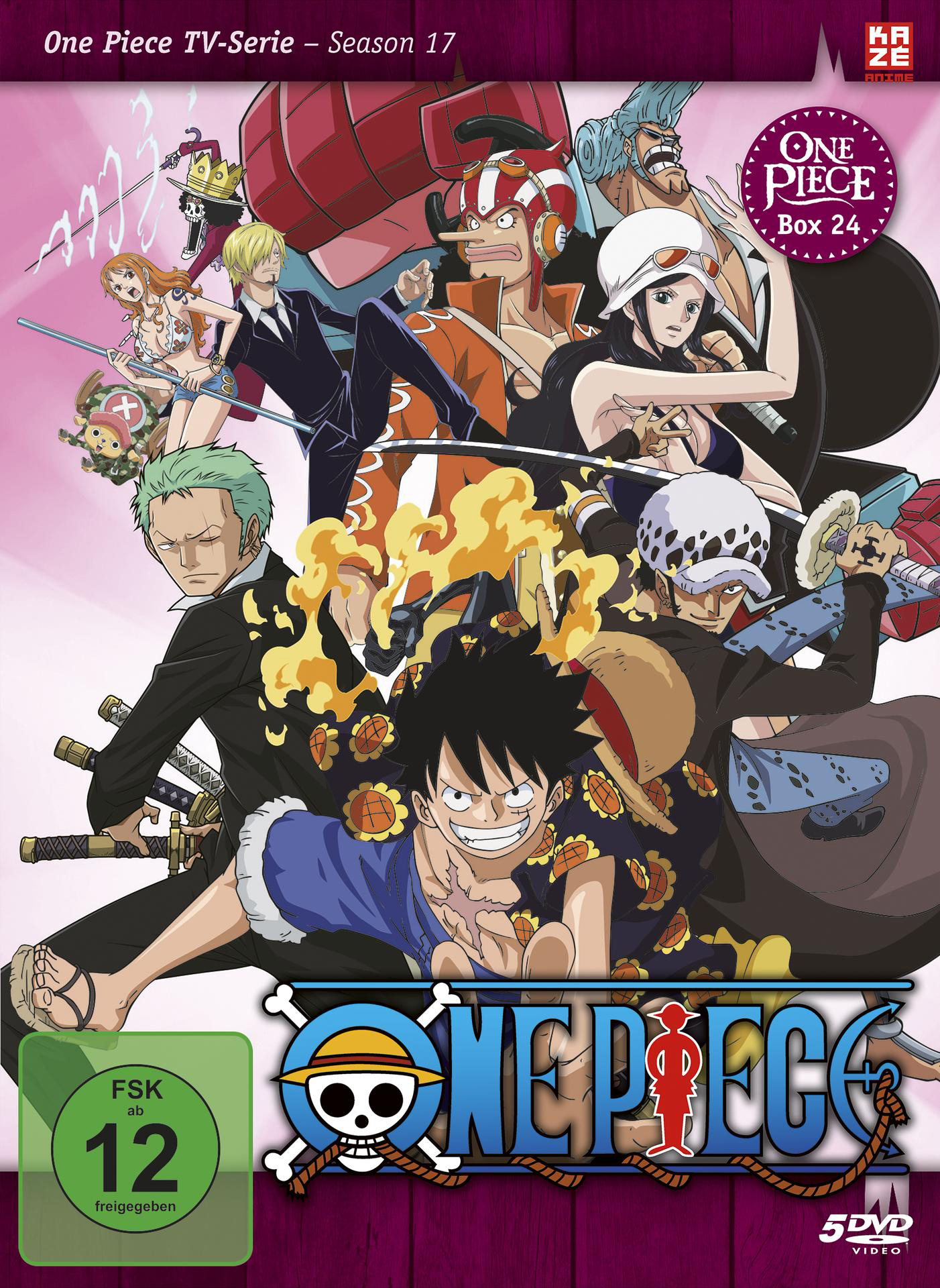 DVD-Box-Art für den Anime One Piece mit mehreren Charakteren in einer farbenfrohen, dynamischen Komposition.