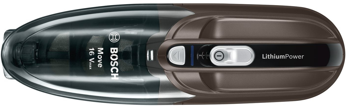 Black and brown handheld vacuum cleaner. The brand name is BOSCH.