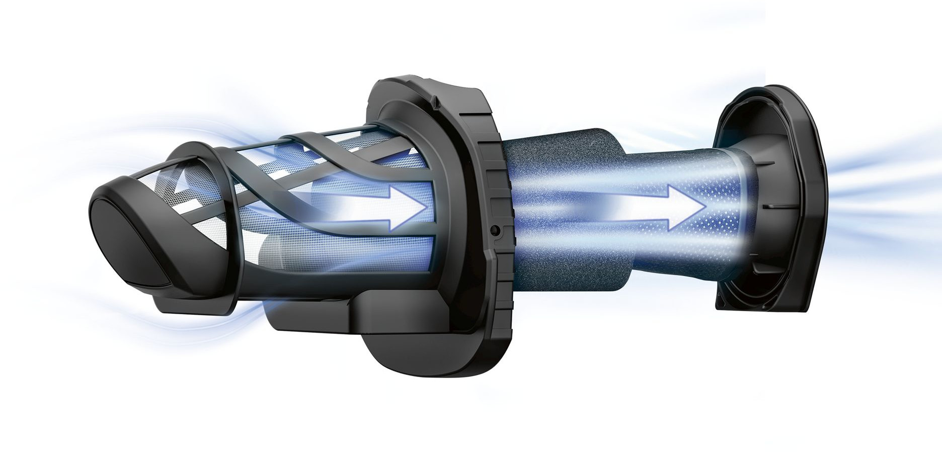 Black air filter. The filter shows the path of airflow with white arrows.