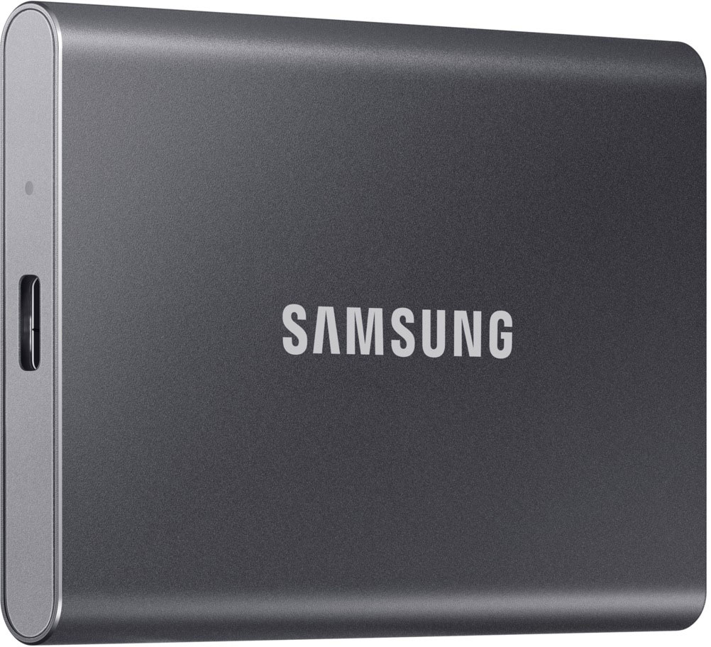 Dark grey external hard drive with the Samsung logo.