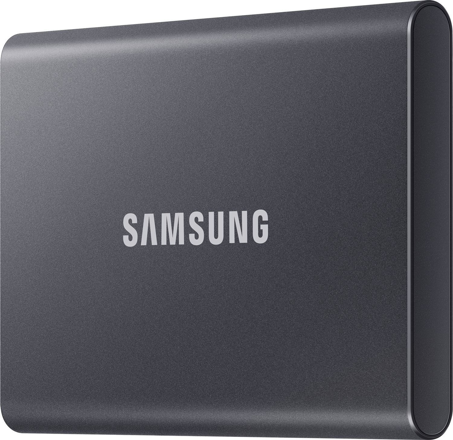 A dark gray Samsung Portable SSD, with the brand name in white. The background is white.
