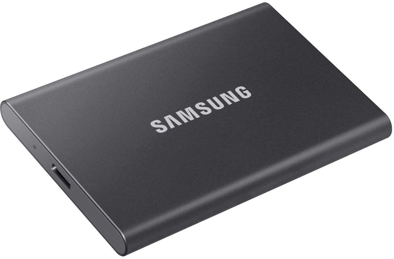 Dark gray Samsung SSD. The brand name is visible in white.