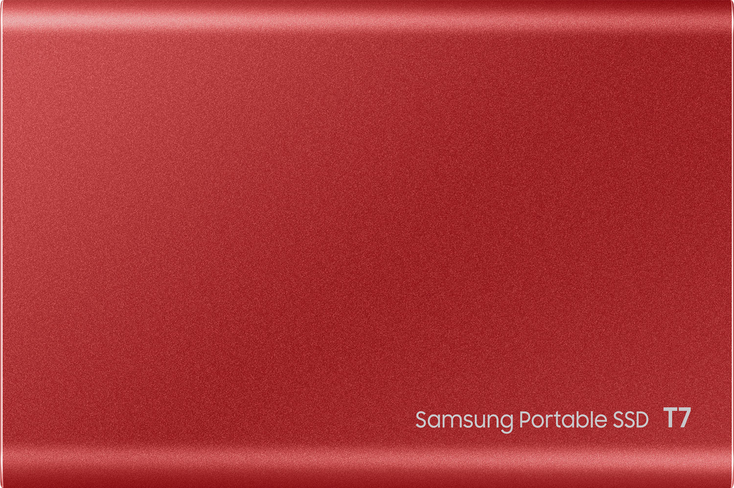 SSD portable T7 rouge de Samsung. La surface rouge est lisse et le texte est blanc.