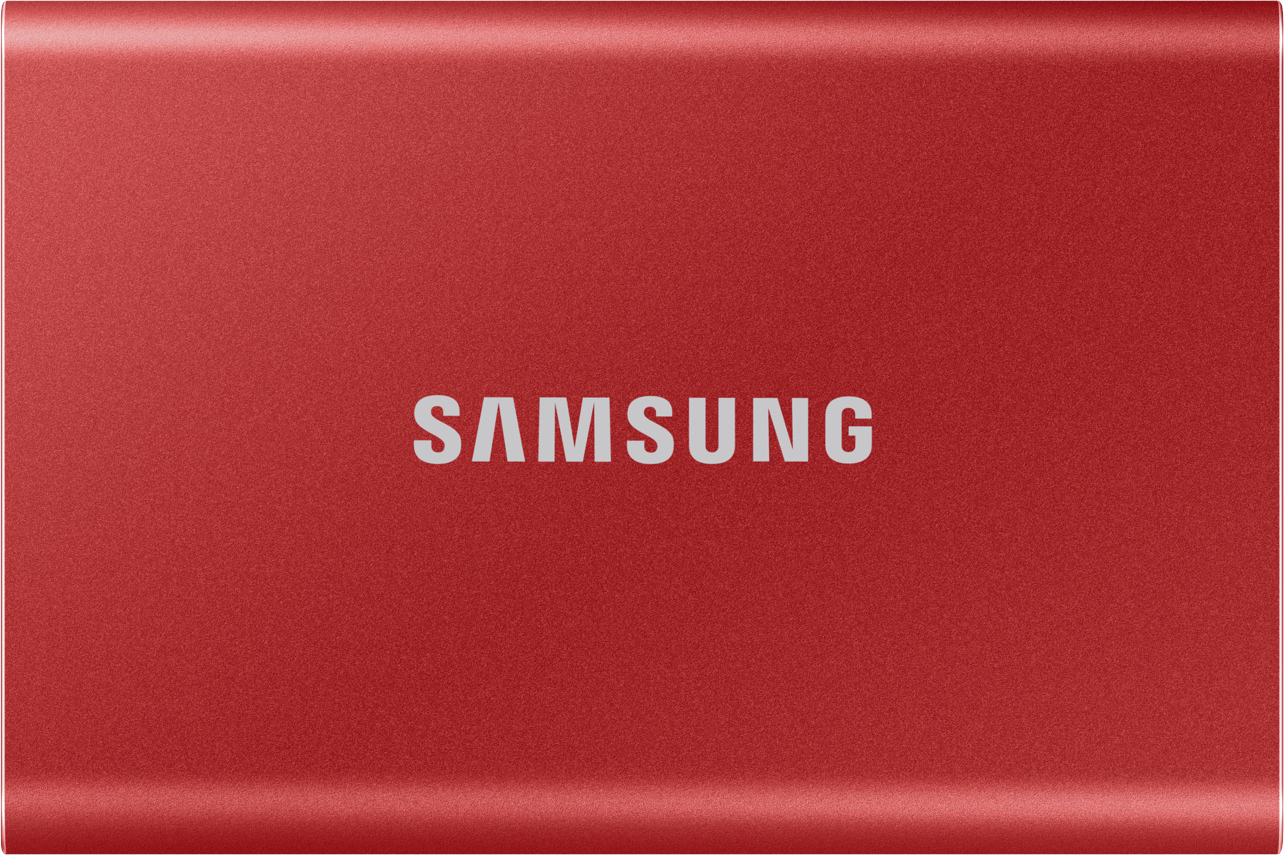 Un disque dur externe Samsung rouge avec le logo Samsung en blanc.