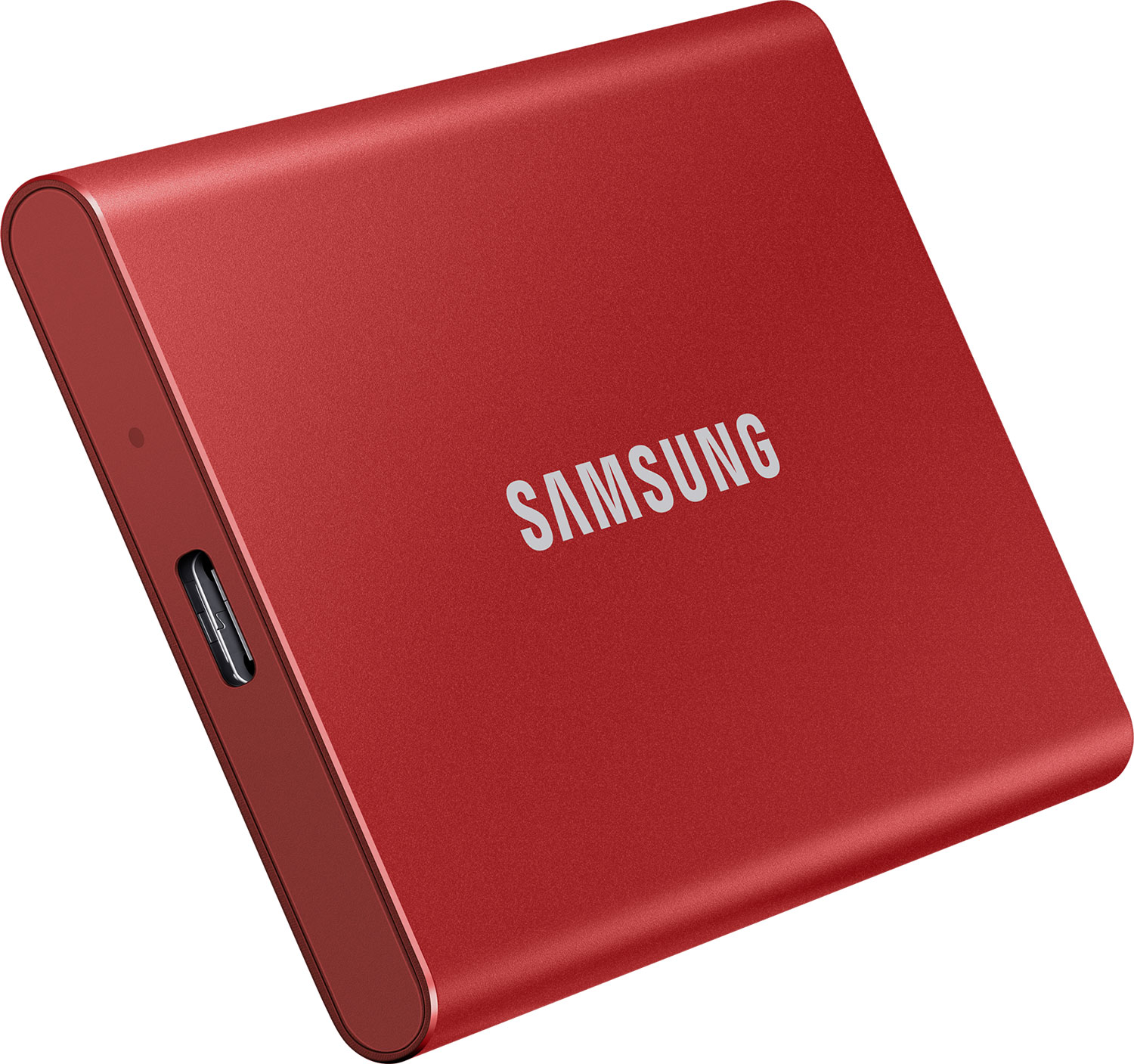 Un disque SSD portable rouge avec le logo Samsung.
