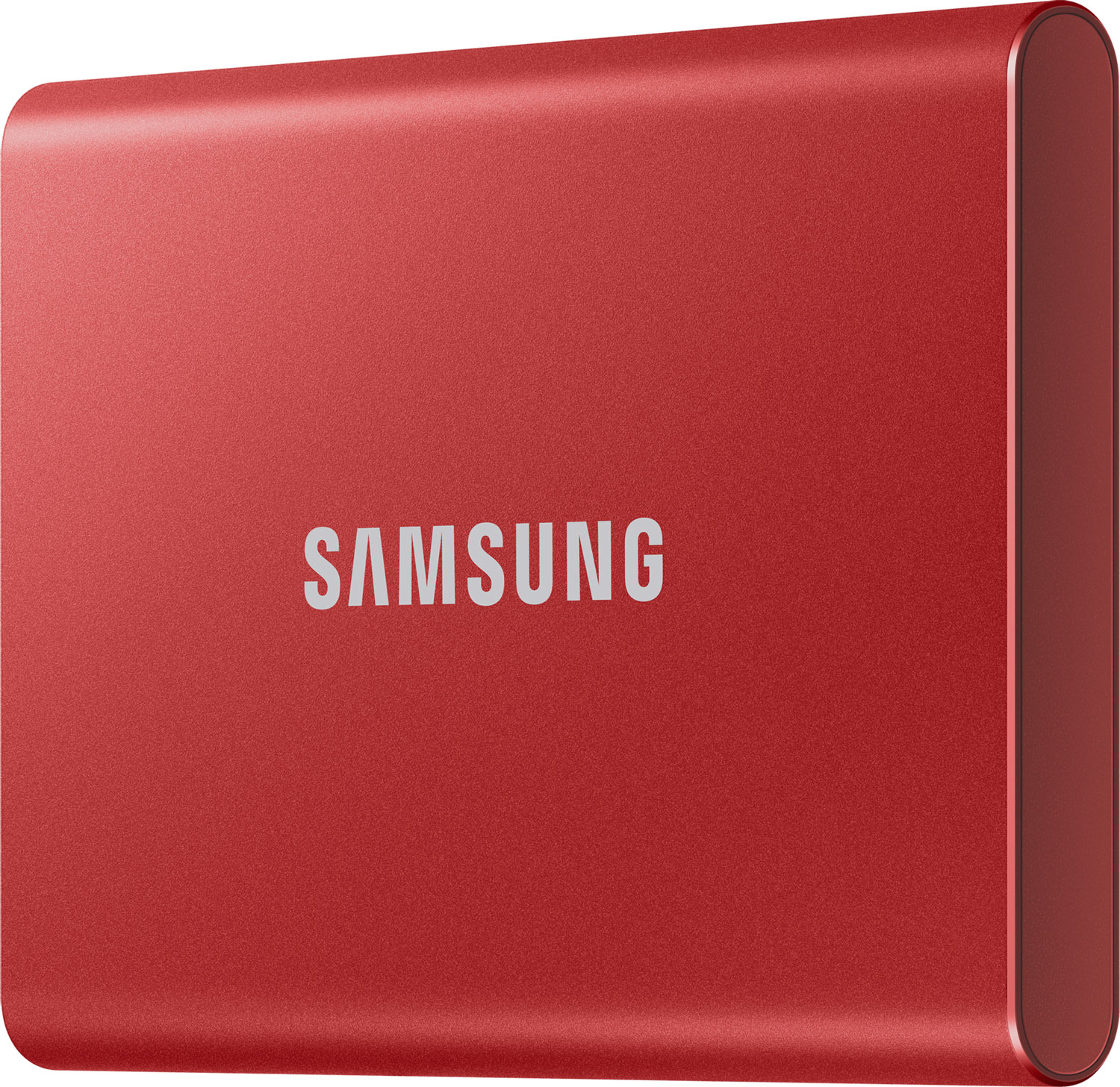 SSD portable Samsung rouge, avec le logo Samsung sur le devant.