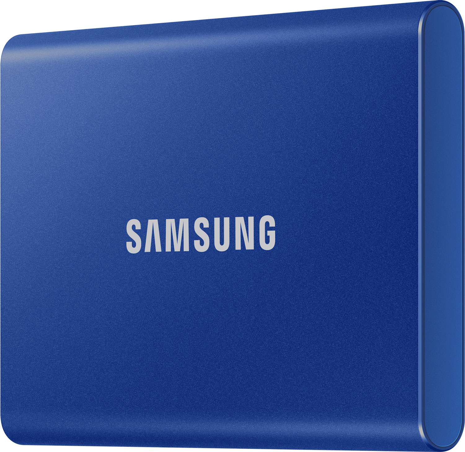 SSD portable Samsung bleu avec le nom de la marque en blanc.