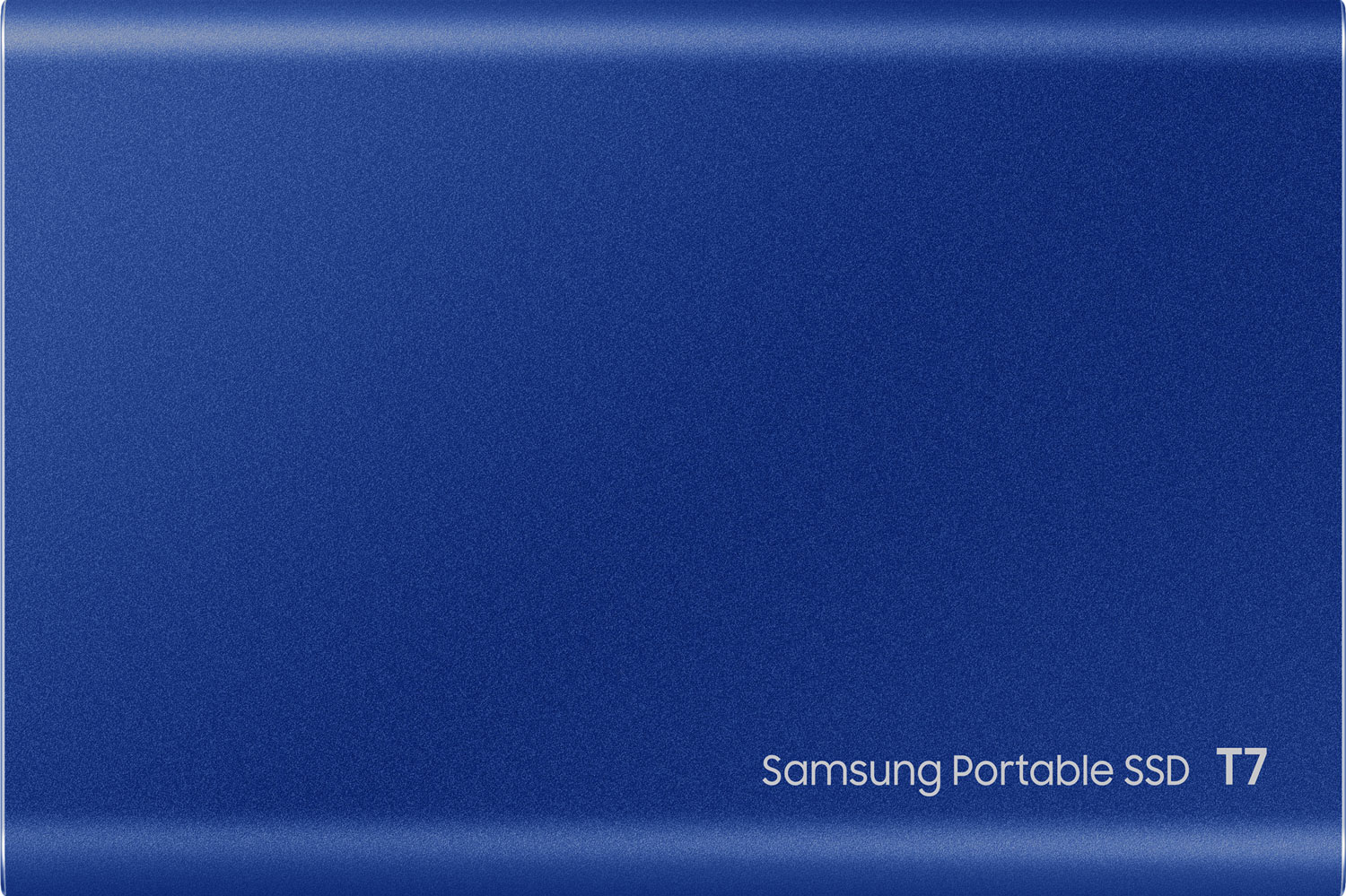 SSD portable Samsung bleu avec texte blanc sur fond clair.