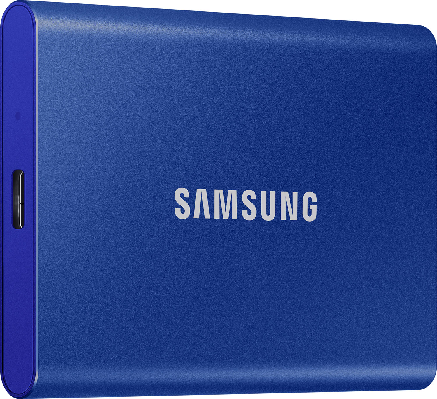 Disque dur externe bleu Samsung. La marque est sur l'appareil.