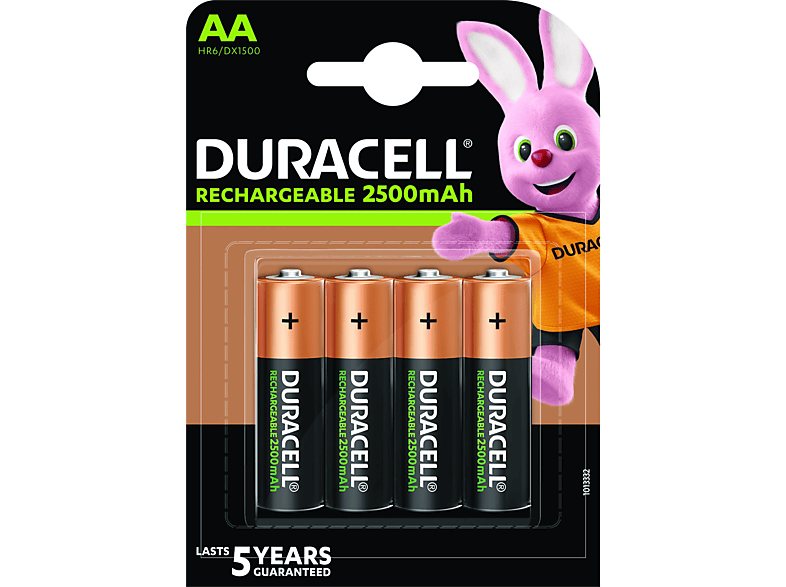Pilas AA recargables – Duracell AA, 4 unidades, 2500 mAh LR06 / LR6, Negro