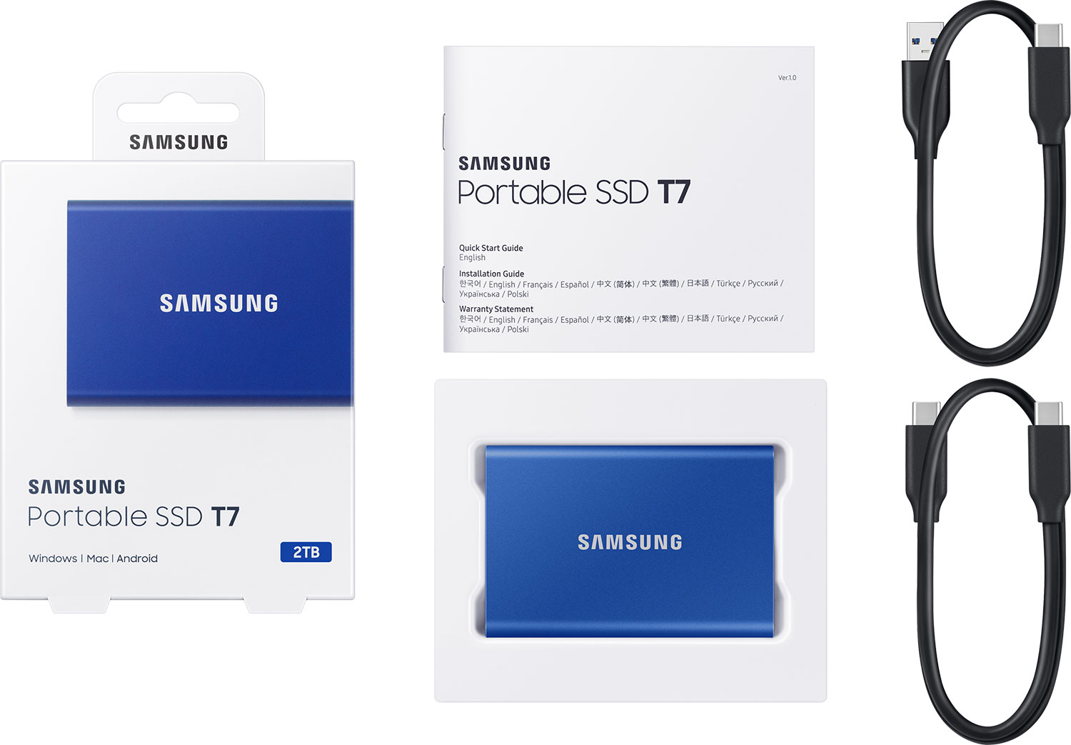 SSD portable Samsung T7 bleu avec accessoires, dans son emballage.