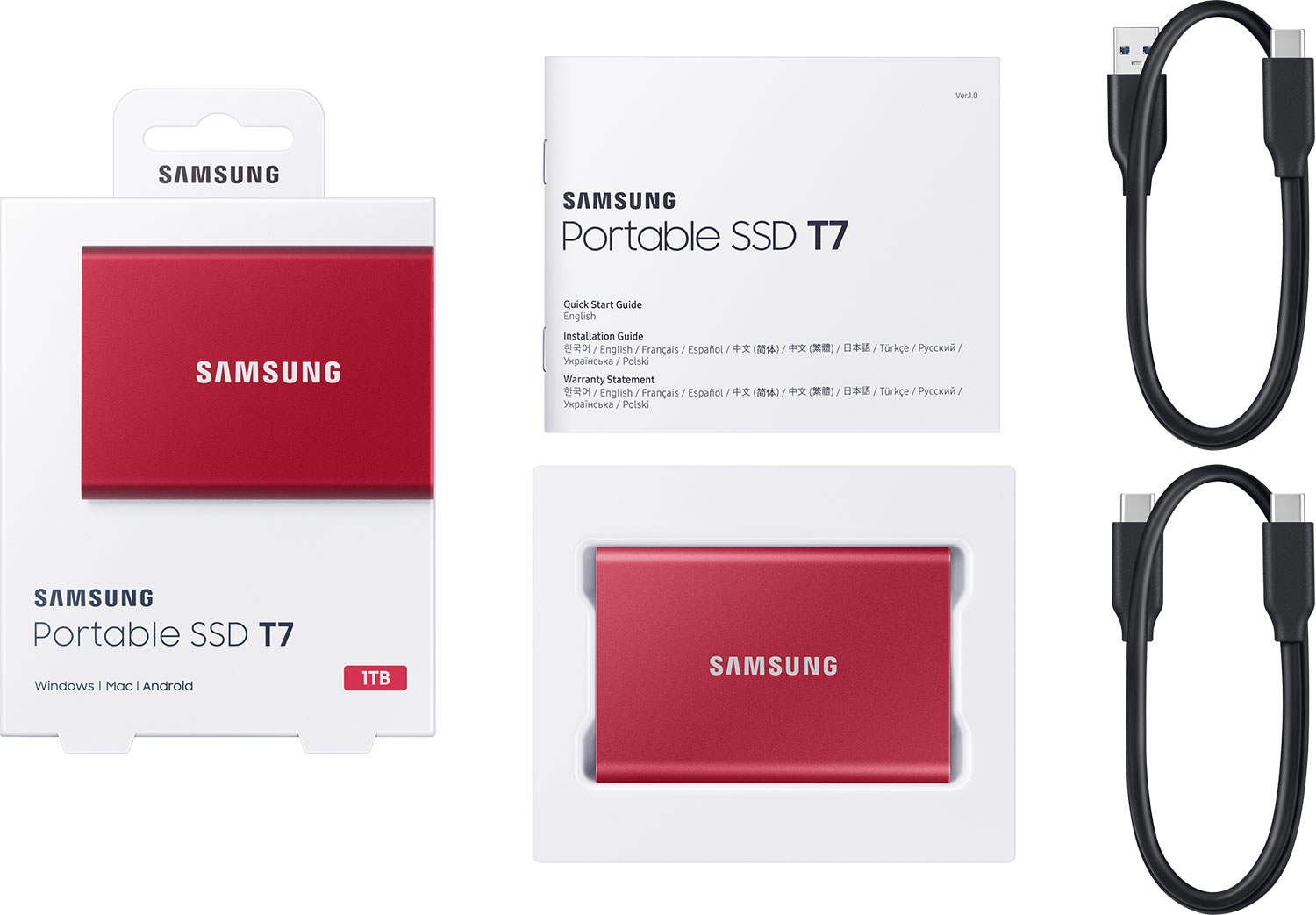 Un SSD portable Samsung rouge est dans une boîte blanche. Deux câbles USB noirs et un manuel d'utilisation sont également inclus.