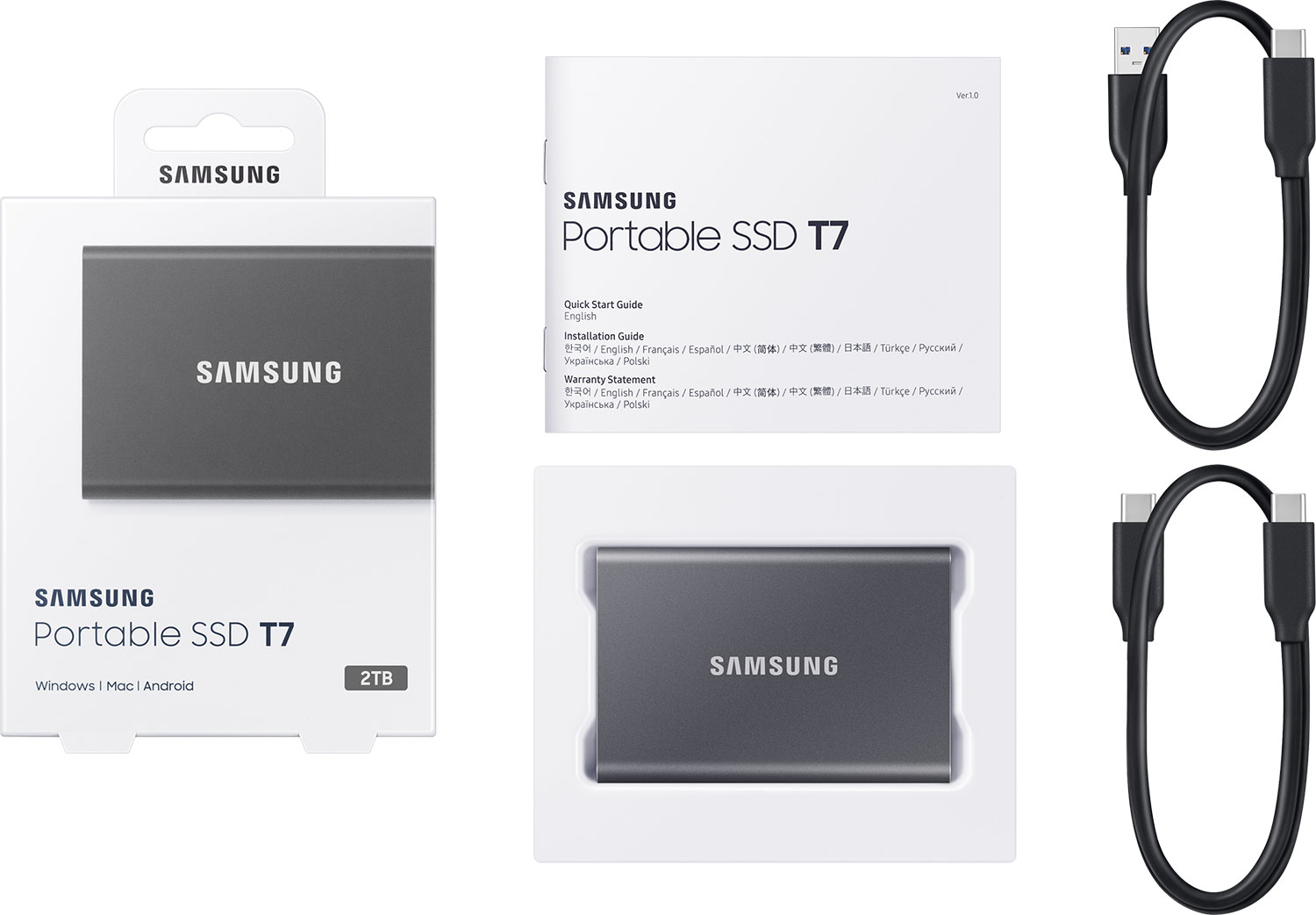 Samsung Portable SSD T7 in a box, a manual, two USB cables, and an SSD.