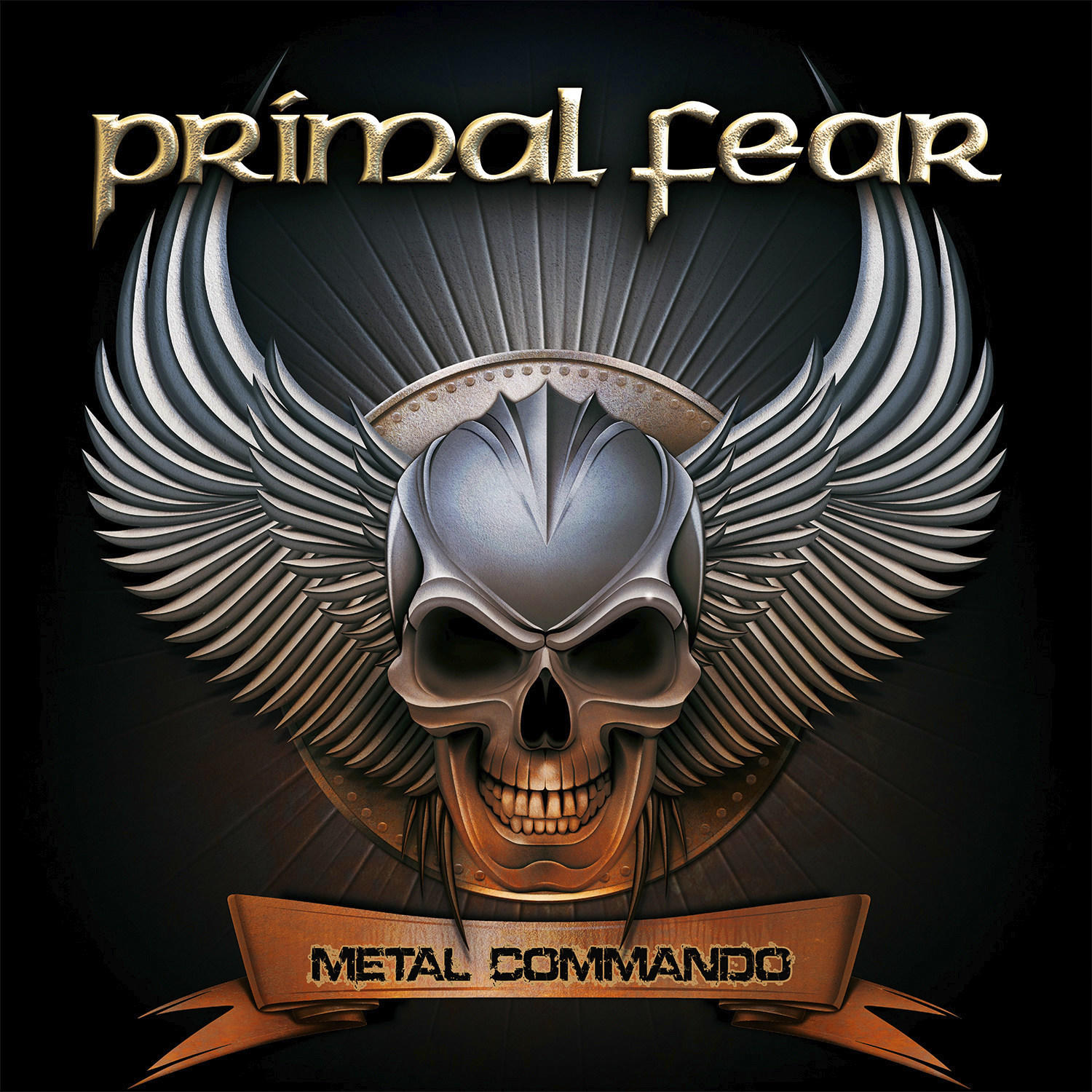 Albumcover, ein metallener Schädel mit Flügeln und der Text 'Metal Commando'.