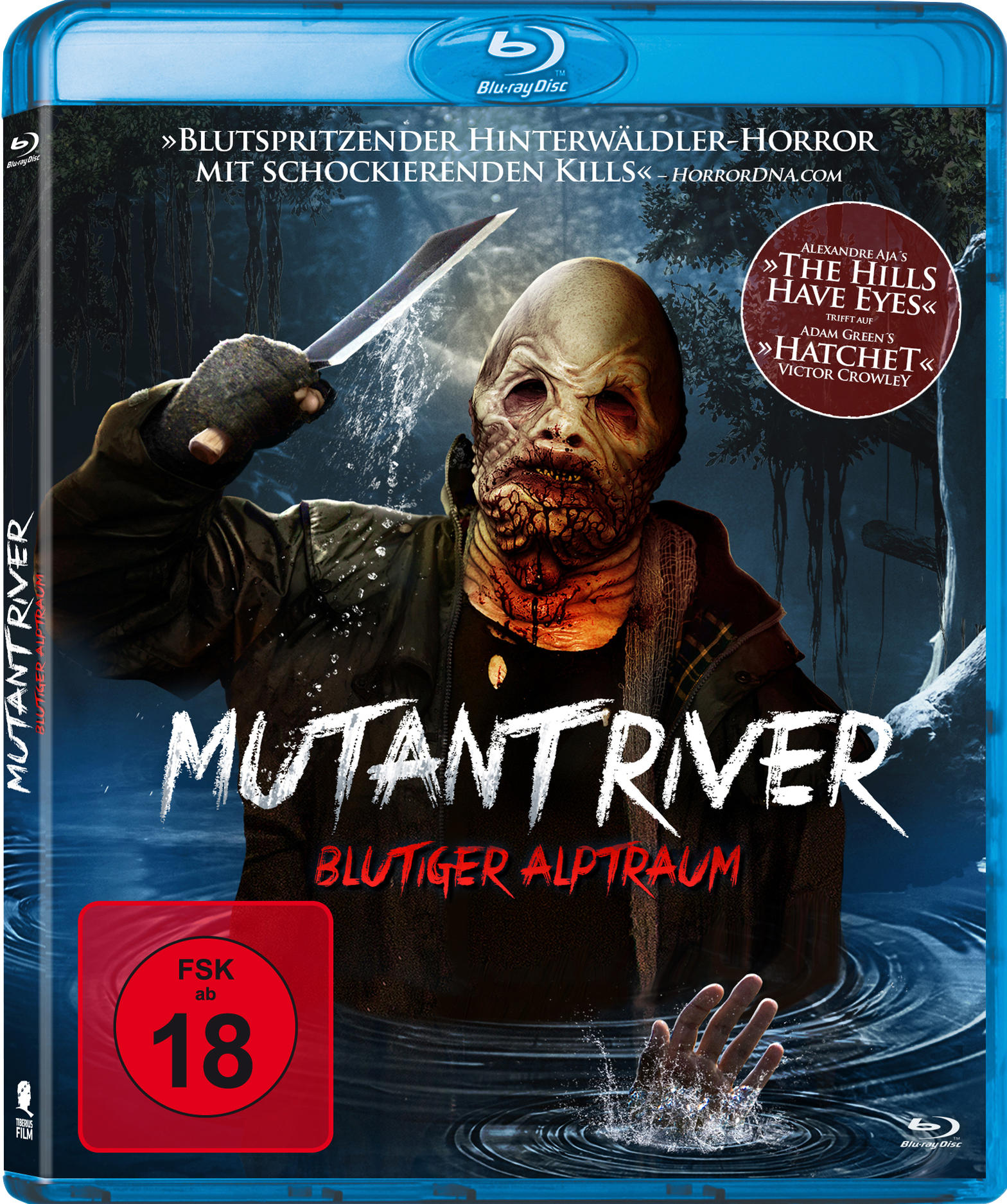 Filmcover für 'Mutant River' mit einem Monster, das ein Messer hält.