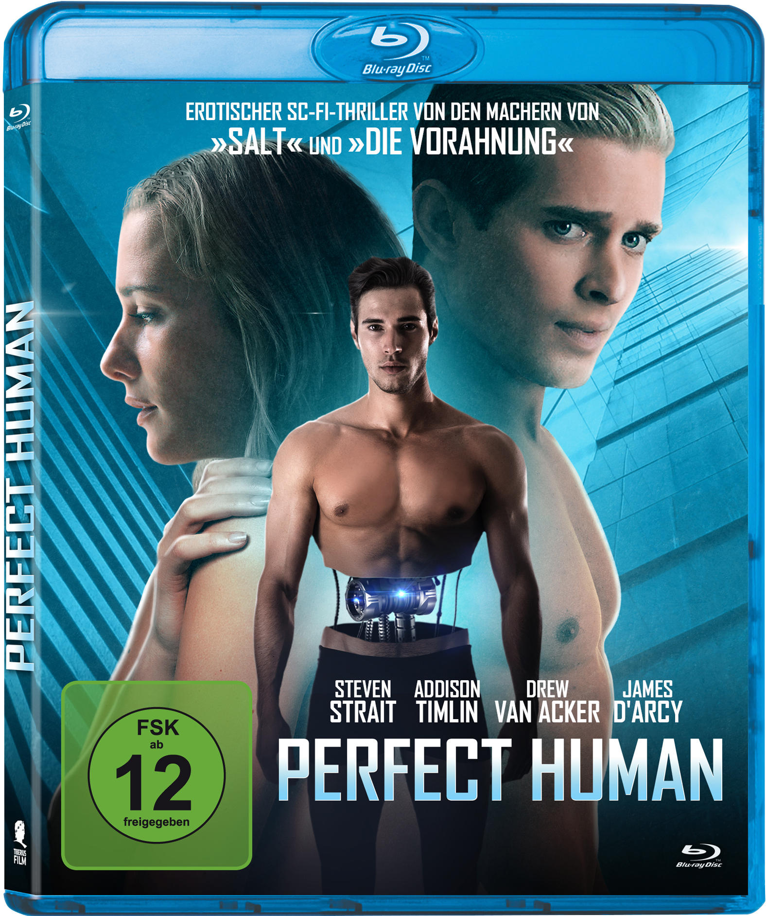 Ein Filmplakat für den Film 'Perfect Human' mit Schauspielern und einem futuristischen Roboterkörper.
