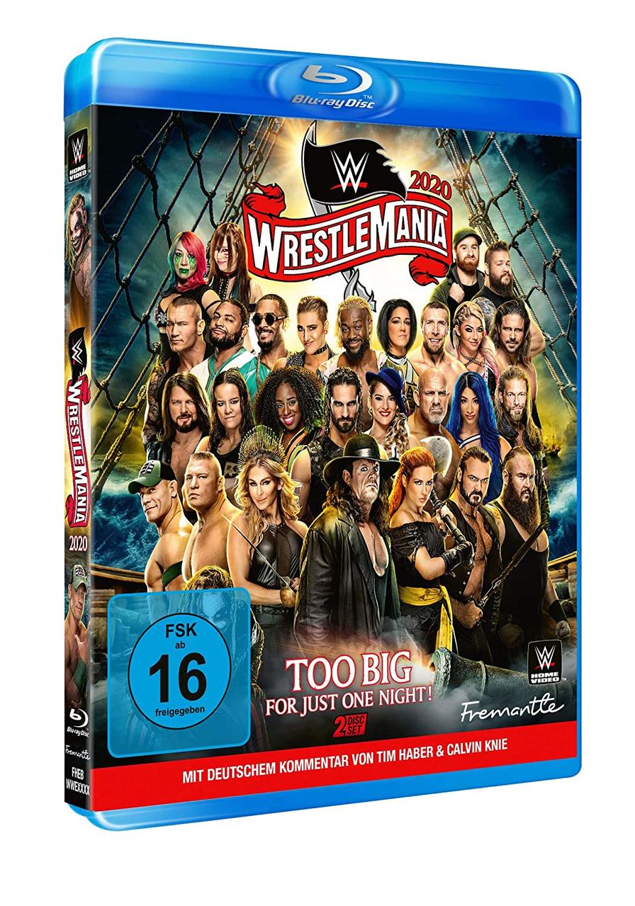 Blu-ray-Hülle mit Wrestling-Stars. WrestleMania 2020. Too big for just one night!