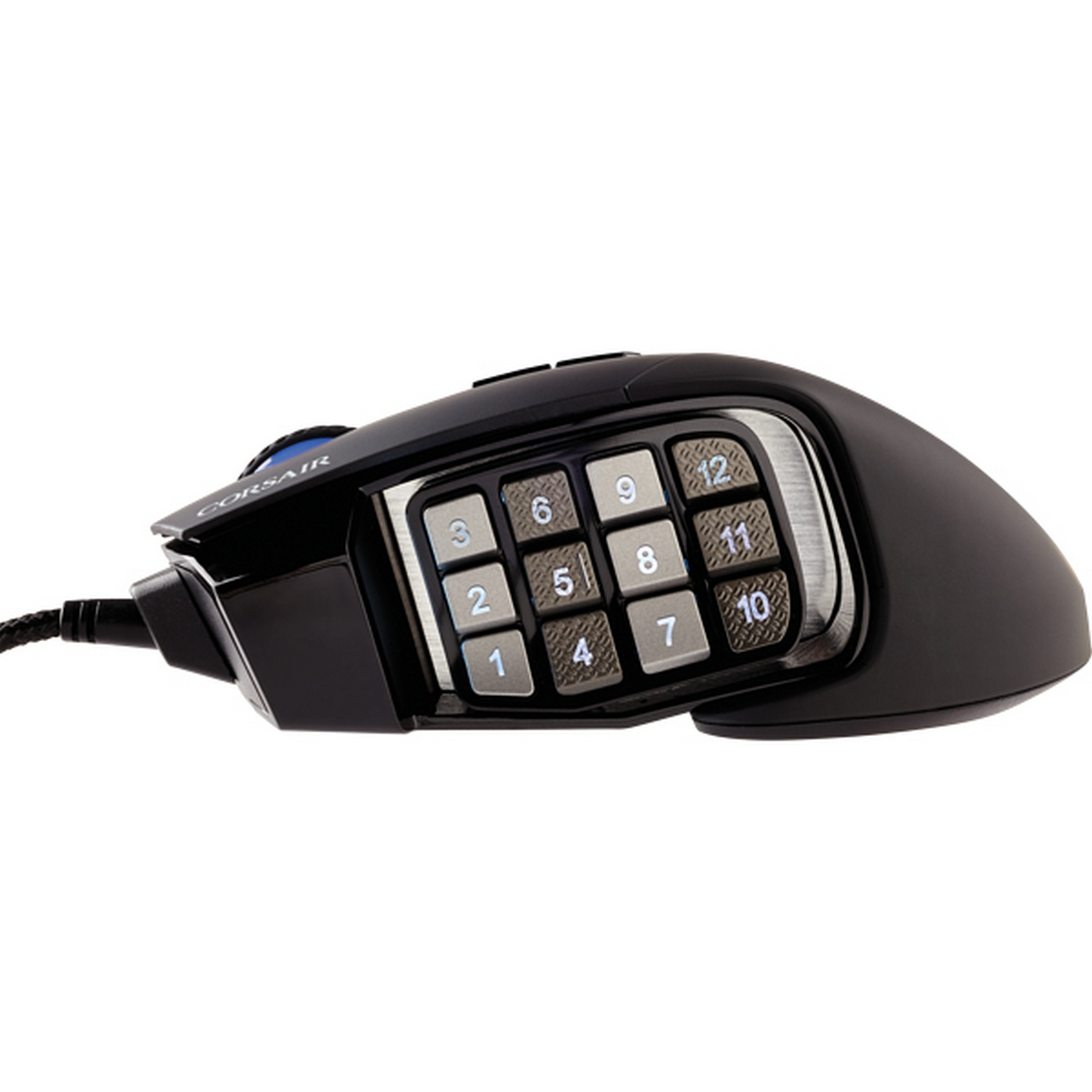 Ratón gaming con botones. Negro con detalles plateados y cable.