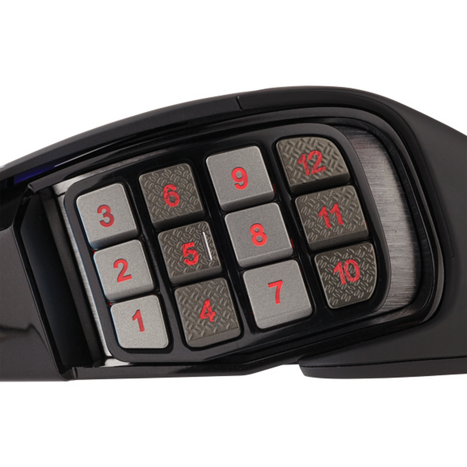 Ratón gaming negro con un teclado de botones numerados en el lateral. Acentos grises y rojos.