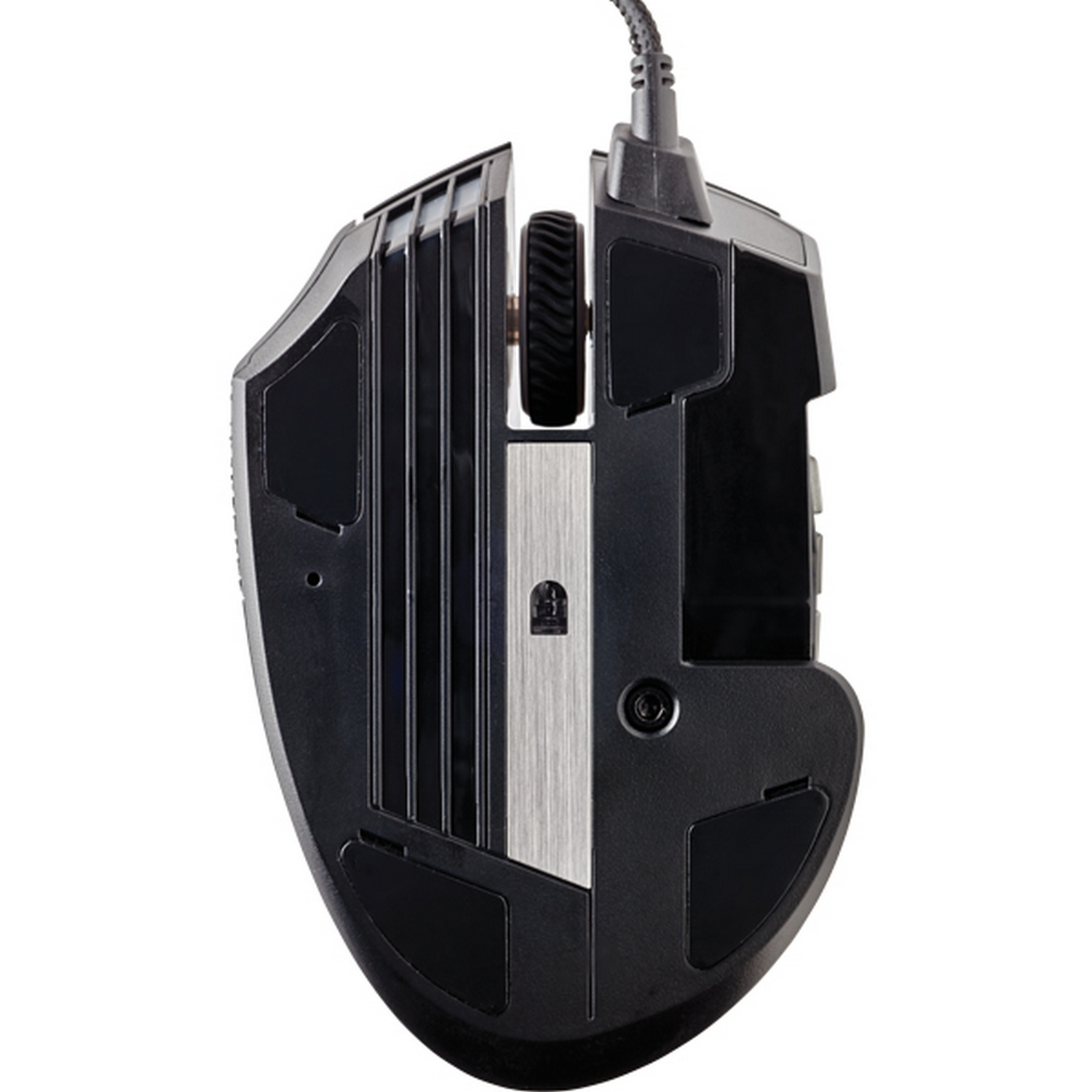 Ratón para juegos negro, vista inferior, con botones, rueda y cable.