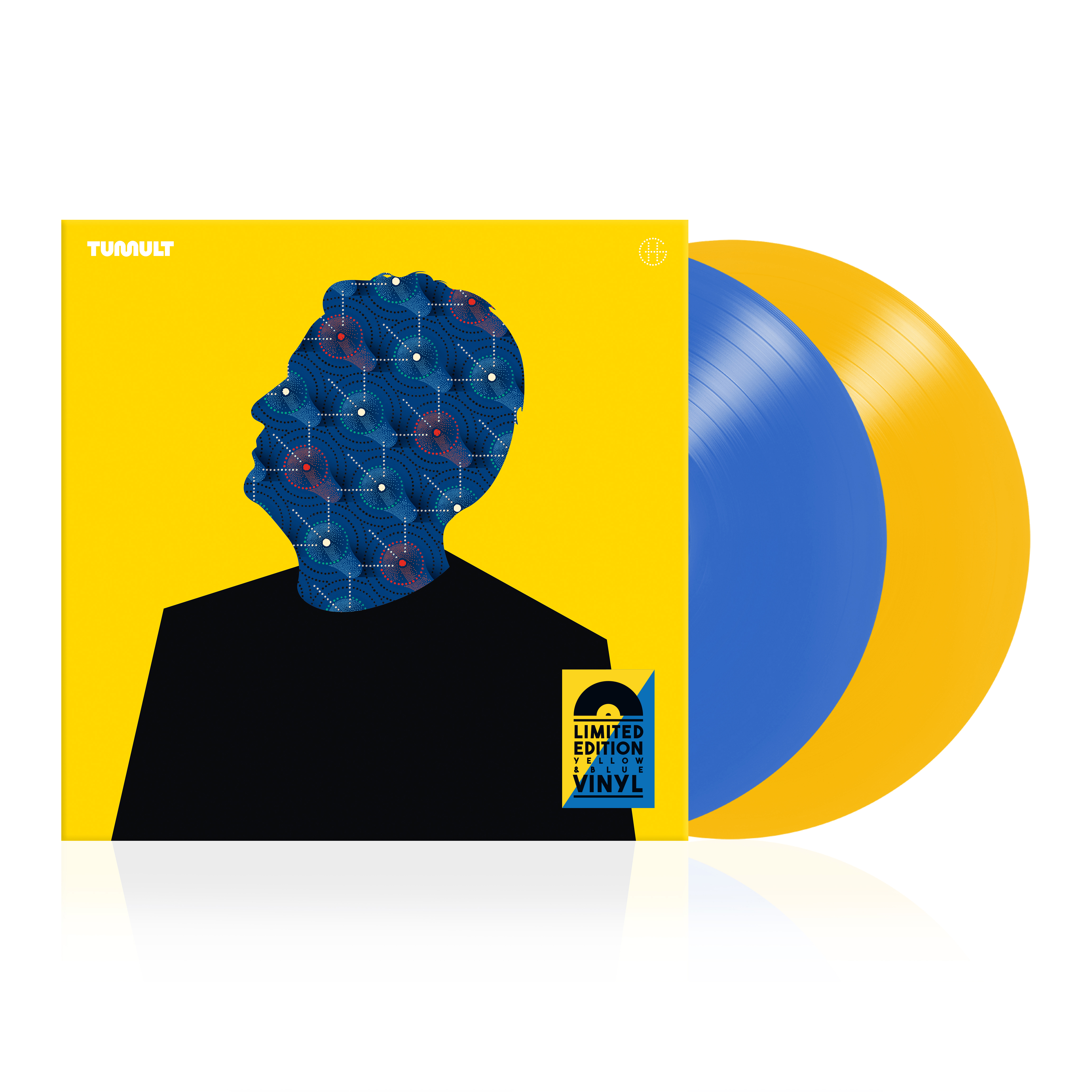 Vinyl-Schallplatte mit gelbem Cover und blauem und gelbem Vinyl.