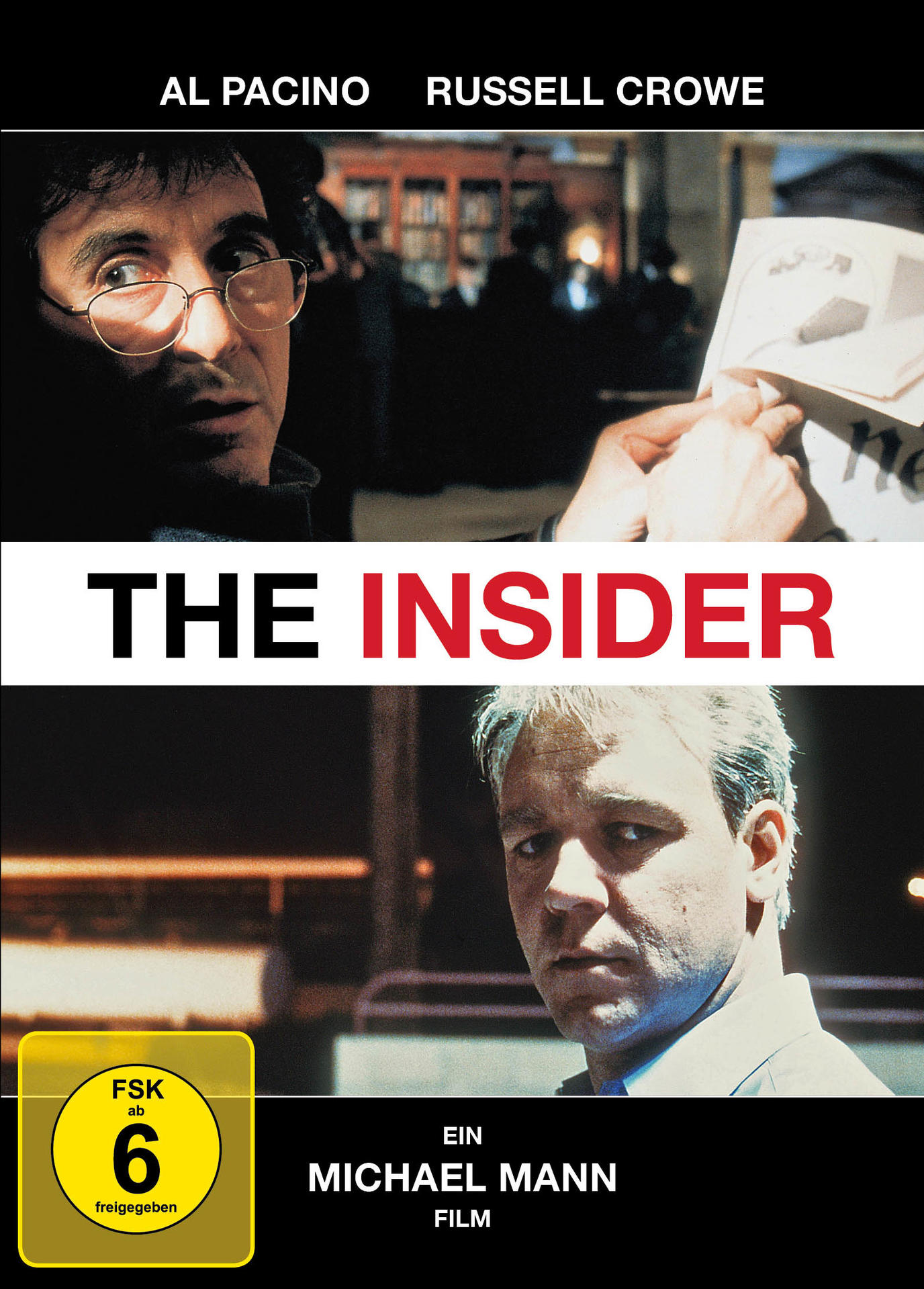 DVD-Cover: Al Pacino und Russell Crowe, Titel: The Insider. Nachtszene, Al Pacino mit Brille.
