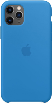 Blaue Handyhülle mit Apple-Logo und Kameramodul.