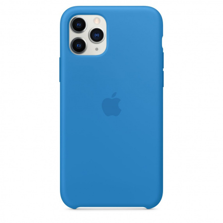 Eine blaue iPhone-Hülle mit einem Apple-Logo auf der Rückseite.