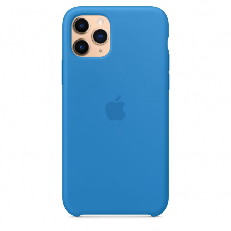 Eine blaue Handyhülle mit drei Kameras und einem Apple-Logo.