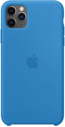 Eine blaue iPhone-Hülle mit einem Apple-Logo und einer Dreifachkamera.
