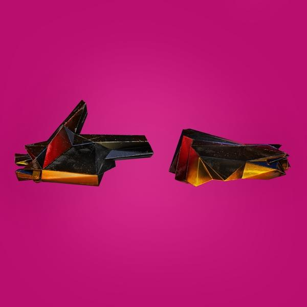 Abstracte geometrische vormen met scherpe randen en een kleurengradiënt, op een roze achtergrond.
