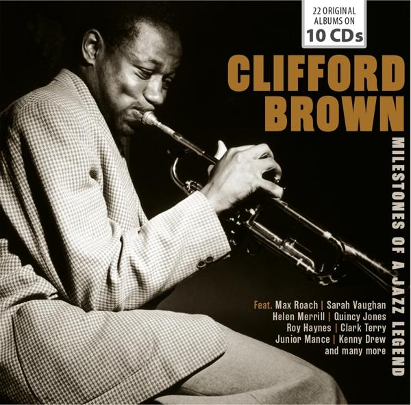 Pochette d'album de Clifford Brown: homme jouant de la trompette. Texte: "Milestones of a Jazz Legend."