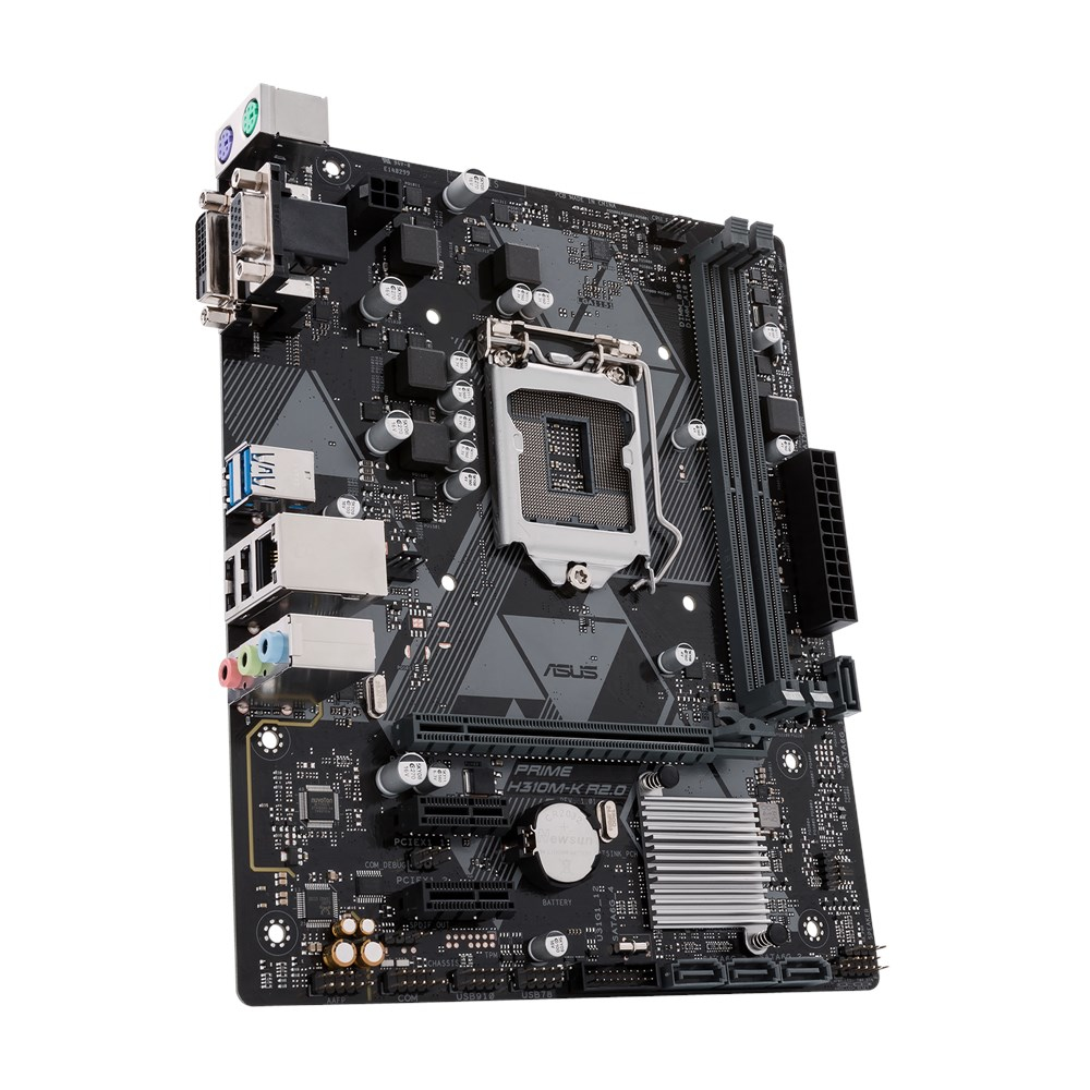 Schwarzes Motherboard mit Anschlüssen und Steckplätzen. Ein silberner Kühlkörper ist in der Mitte.
