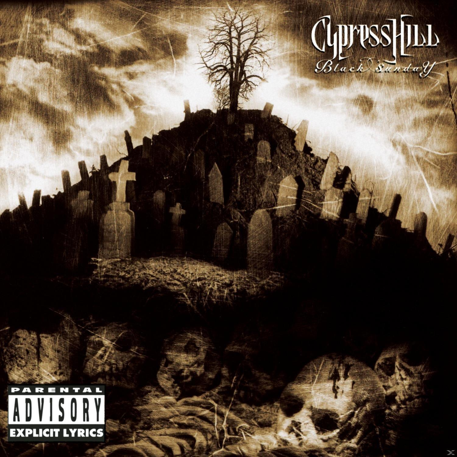 Album borító: temető jelenet, koponyák és egy fa, 'Cypress Hill Black Sunday' címmel.