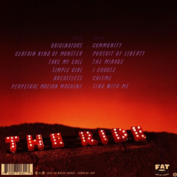 Albumcover mit rotem Hintergrund, weißem Text mit Songtiteln. Der Text 'THE RIDE' in roten Würfeln.