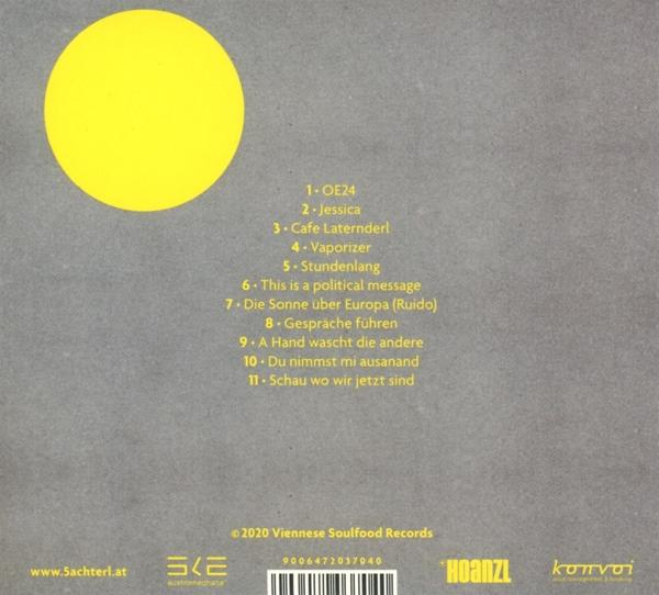 Ein gelber Kreis über grauer Fläche mit Songliste und Logos unten.