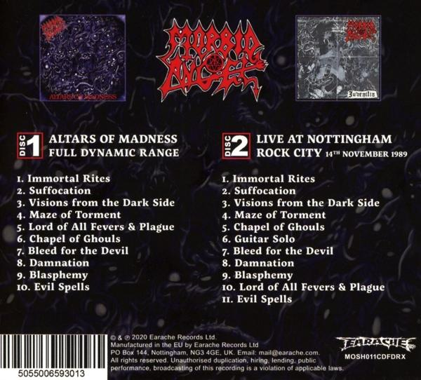 CD-Rückseite mit zwei Albumcovern und Titellisten von Morbid Angel.