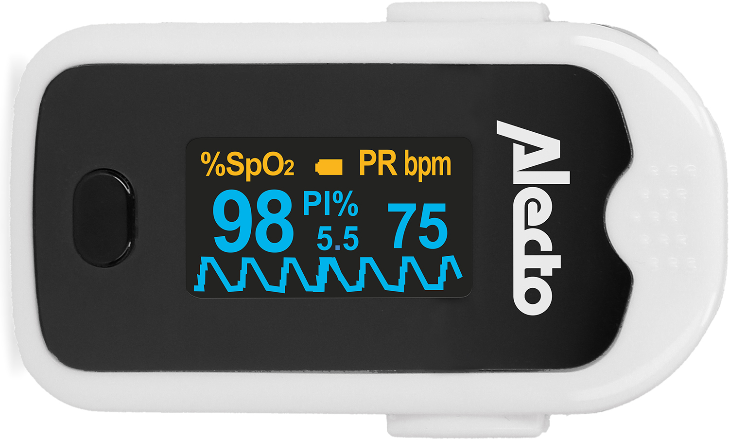 Een witte oximeter die SpO2, polsslag en PI weergeeft.