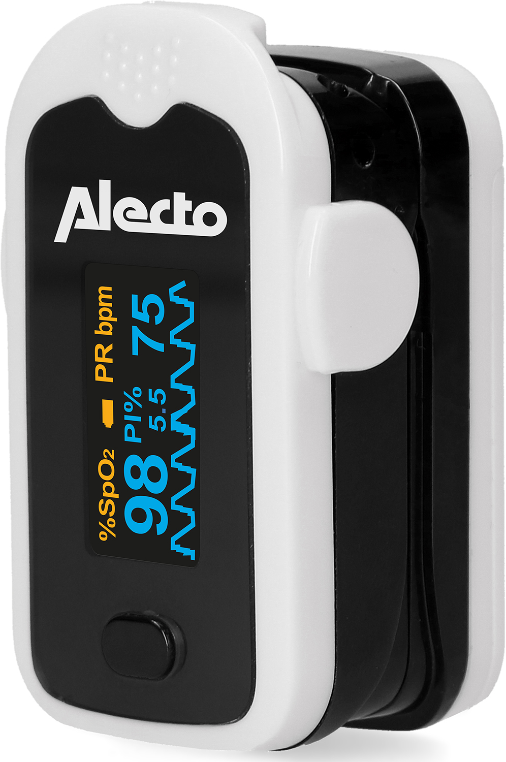 Alecto pols-oximeter met een digitaal display.