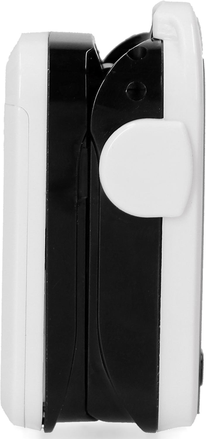 Gesloten witte en zwarte oximeter. Zijaanzicht, met een witte knop.