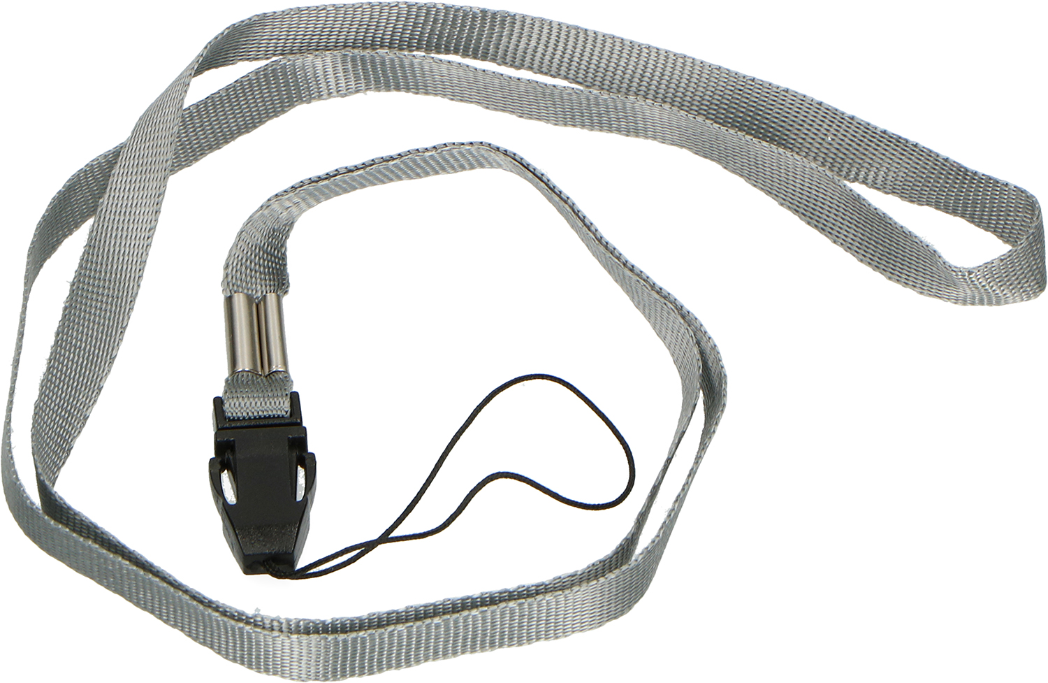 Grijze lanyard met een zwarte clip en een dun zwart touwtje.