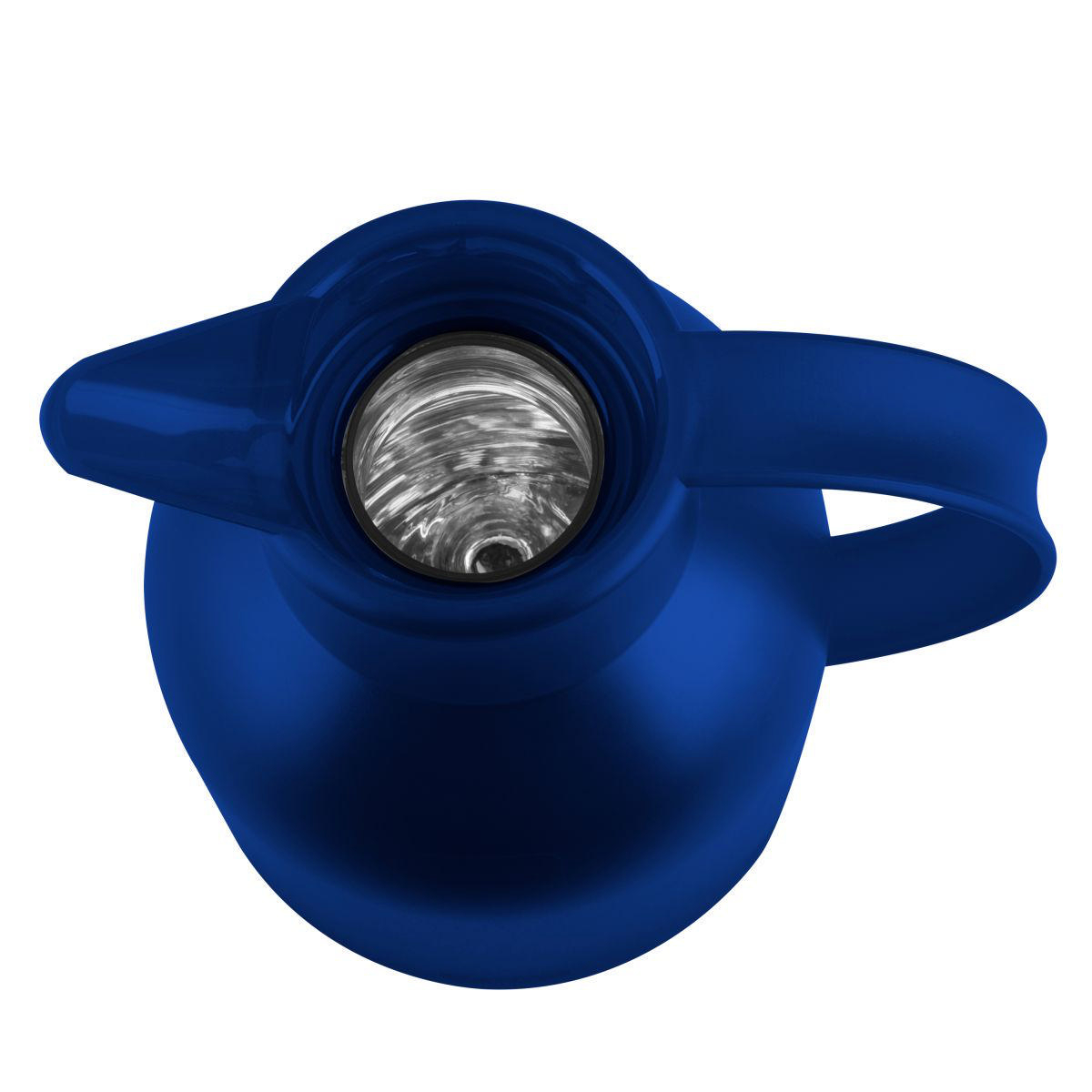 Eine blaue Thermoskanne, Draufsicht, mit silbernem Innenfutter sichtbar.